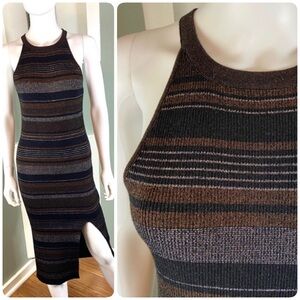 House of Harlow 1960 Ribbed Knit Metallic Striped Halter Sweater Dress Bodycon